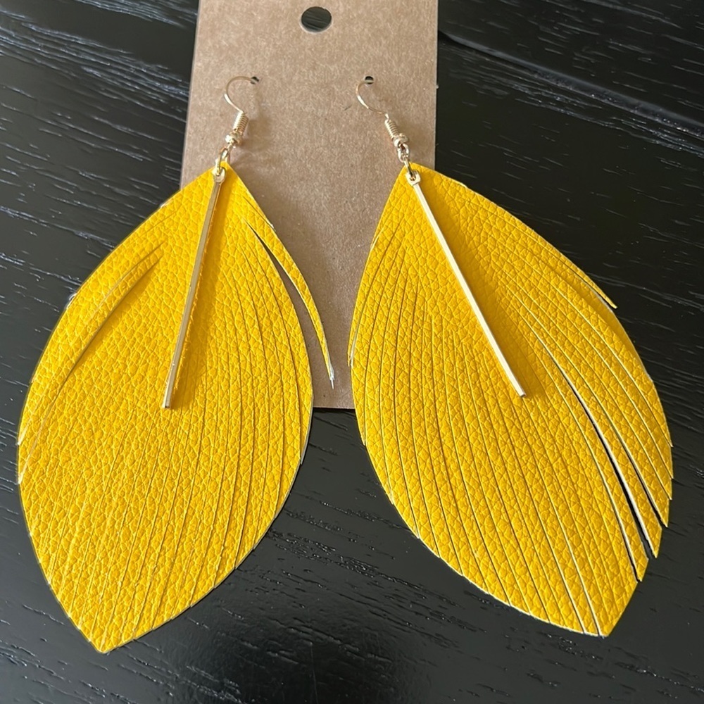YELLOW Faux Leather Feather earrings-NWT